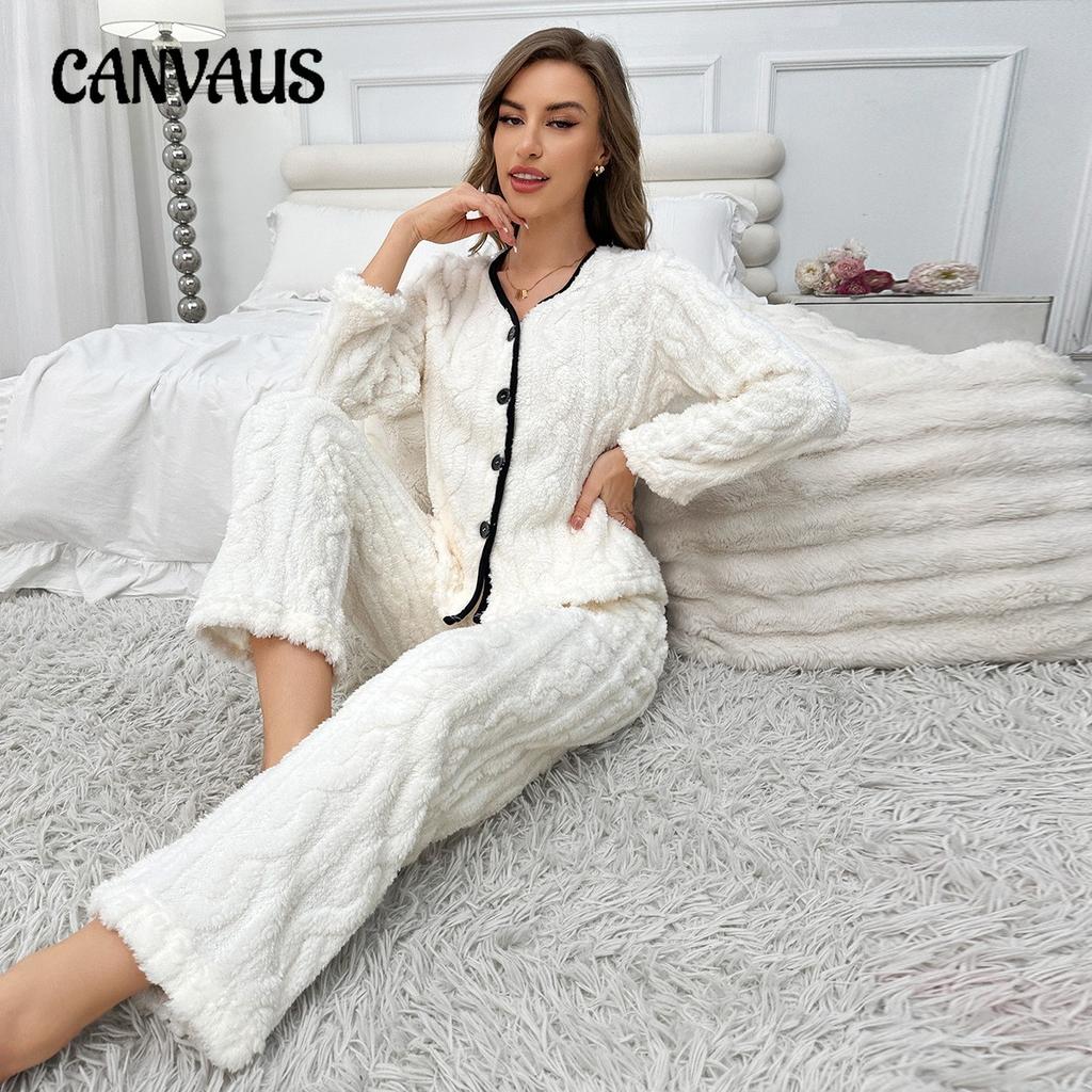 Simple Leisure Solid Colour Flannel Home Wear Pajamas Suit Striped Pajamas Women's Long Sleeve Long Trousers