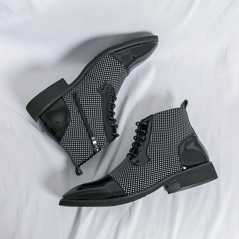 New Male Pointed Mixed Patchwork Lace Up Ankle Boots Men Casual Luxury High Top Platform Shoes Zapatos Hombre