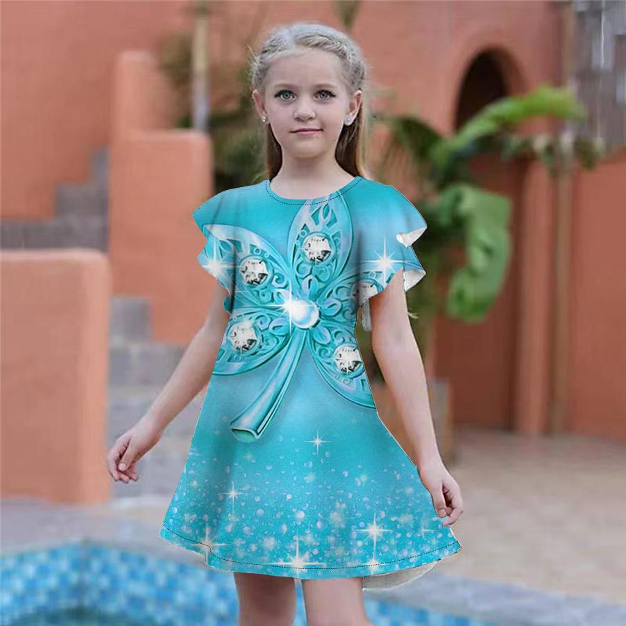 Girls Pearl Maple Leaf Print Dresses Kids Girl Party Dress Loose Fitting Loose Fitting Short Sleeved Skirt For Girls Over Four Years Old