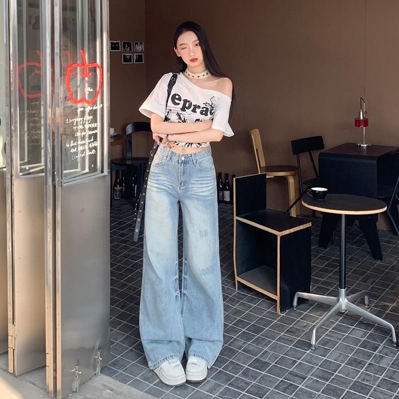 Женские весенние джинсы ретро американского стиля светло-голубого цвета - Свободные повседневные облегающие прямые брюки с широкими штанинами