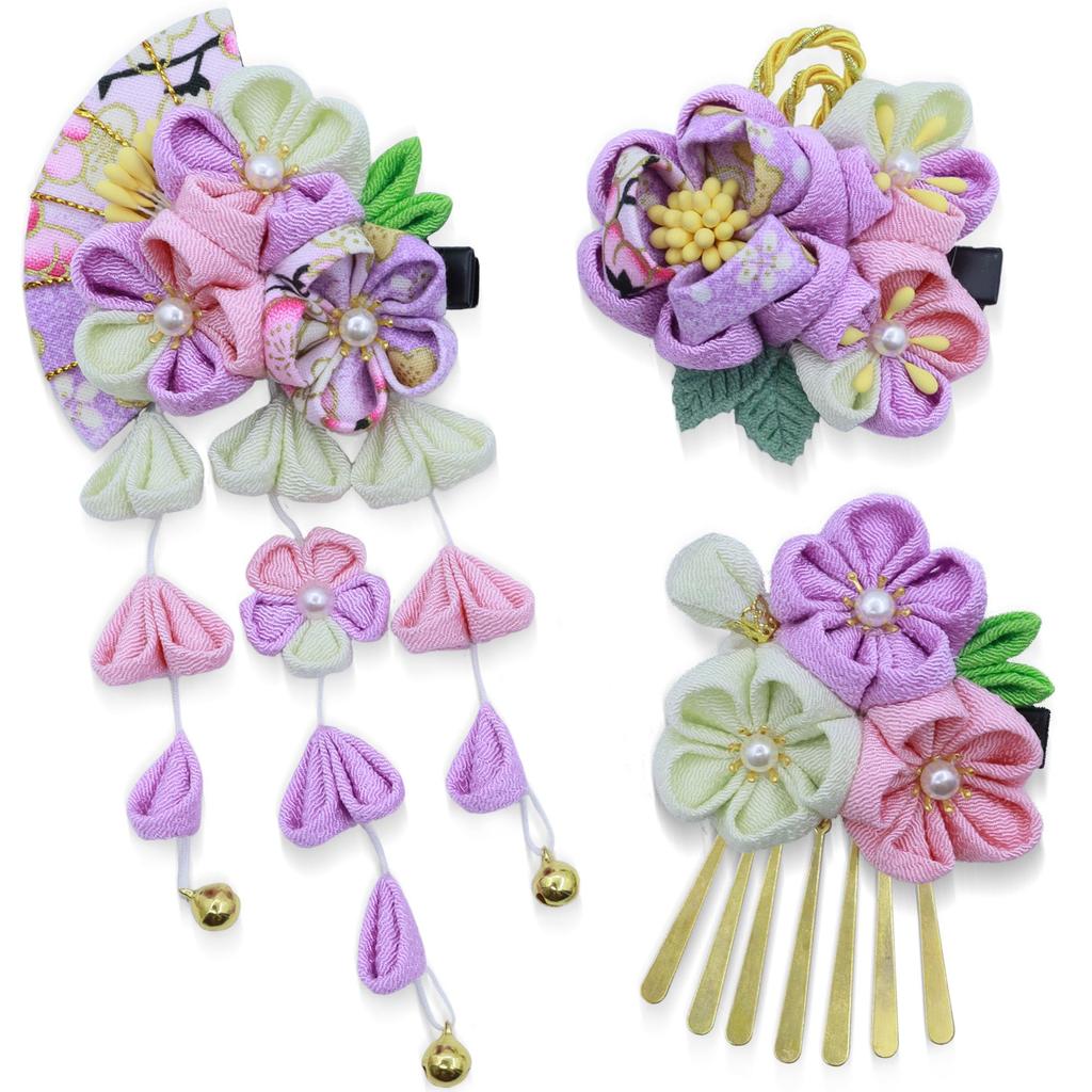 JZOON Hair Ornament Perfect for and Includes Available in 5 and H4003 Shichi-Go-San 3-Piece Set, Tsumami-zaiku (Handmade) Design, Coming-of-Age