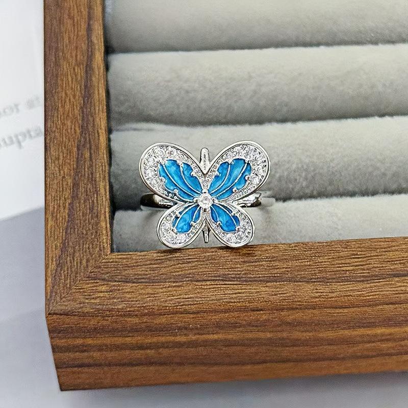 Enamel Color Butterfly Ring French Niche Exquisite Ring Middle Ancient Small Fresh Super Fairy Temperament Open Index Finger Ring