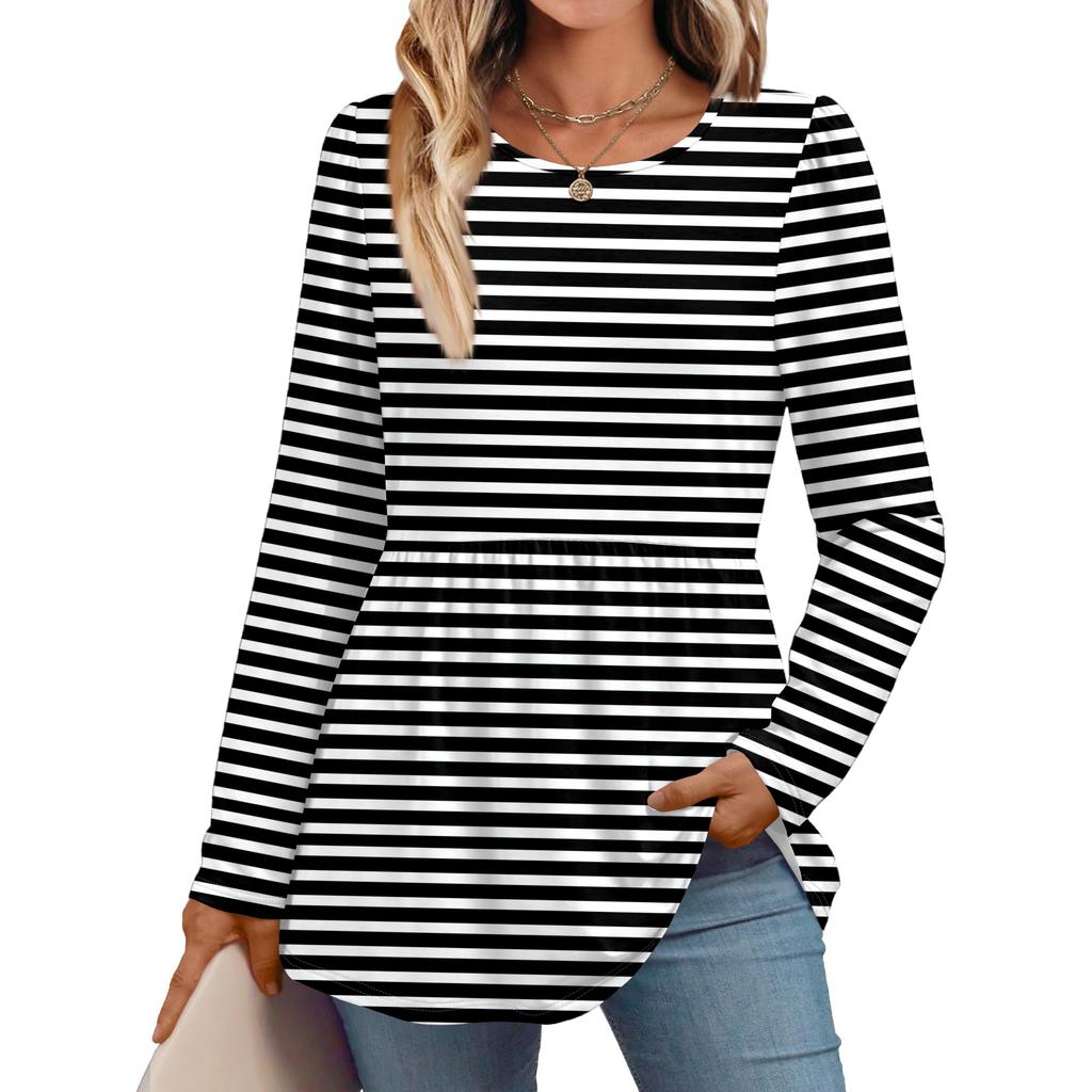 Women's Casual Fashion Long Sleeve Shirt Striped Tunic Top