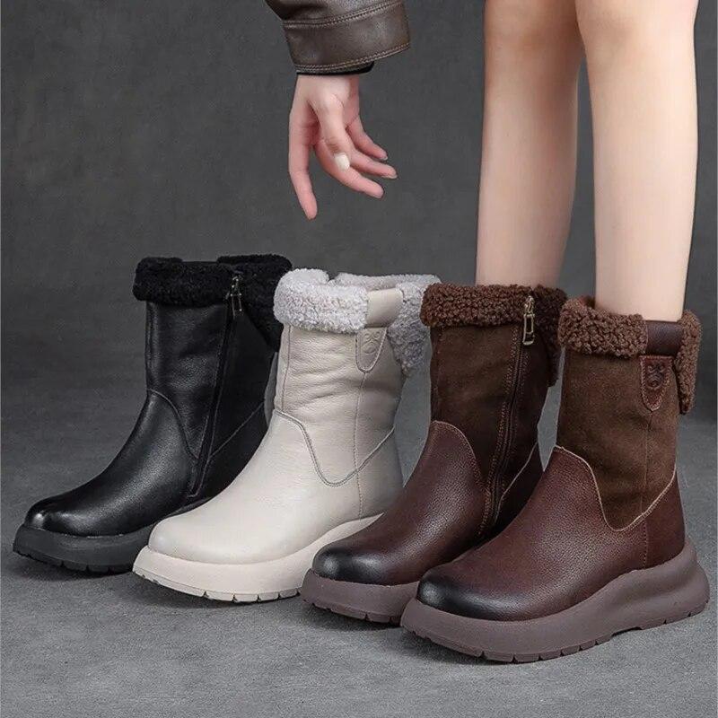 Snow Boots Genuine Leather Plush Warm Solid Color Thick Sole Women's Mid-calf Short Boots