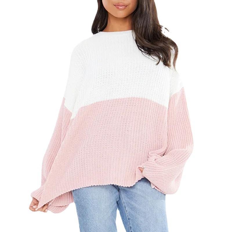 Wish Independent Station Splicing Color Loose Sweater Европейская и американская женская одежда Круглый вырез Вязаный свитер Джемпер