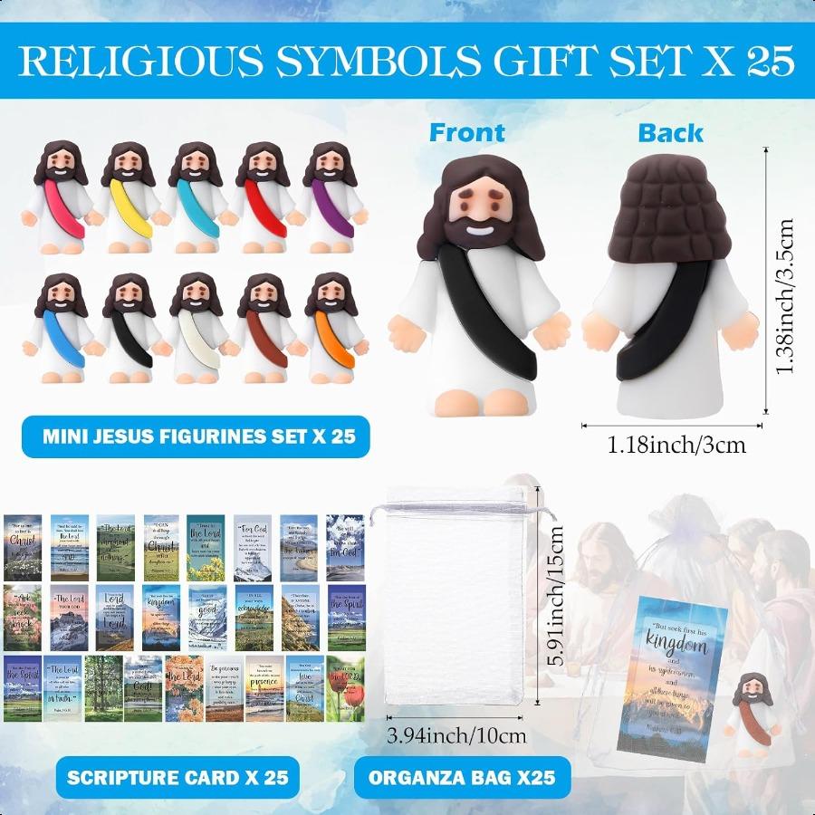 Bememo 25 Sets Mini Jesus Figurines Easter Toys Include Little Rubber Jesus Figurines Prayer Cards and Bags for Religious Party