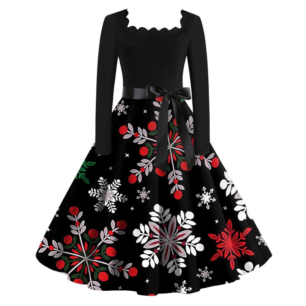 Женские рождественские повседневные модные винтажные платья с квадратным вырезом и длинными рукавами с принтом
