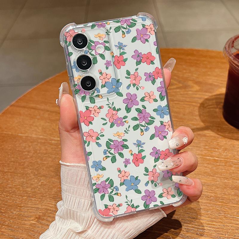 Сине-фиолетовый чехол с цветами для Samsung Galaxy S26 S25 S24 Ultra S23 S22 Plus S21 FE A54 A15 A25 A35 A55 A16 A26 A36 A56 A17 A37 A57 5G Прозрачный мягкий чехол
