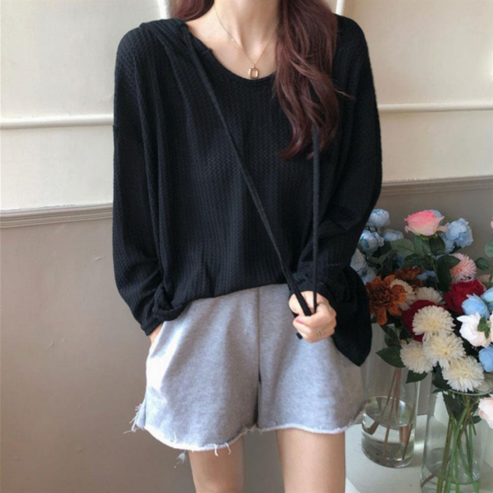 New Arrivals Open Run Women Semi Sheer Waffle Hoodie Oversized String Design