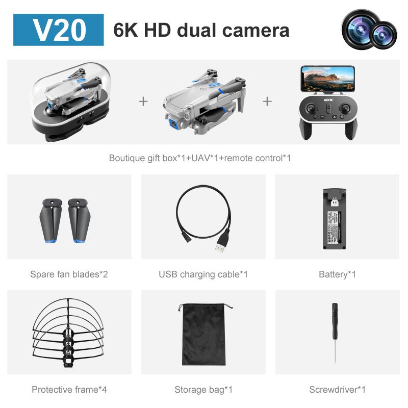 New Mini Drone V20 6K HD Camera RC Helicopter Quadrocopter One-Key Return FPV Follow Me Foldable Quadcopter Boy's Toys Gift