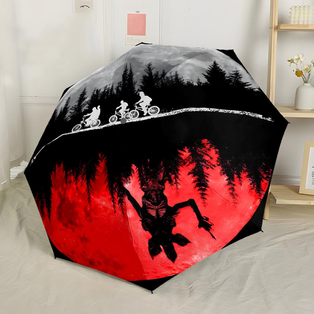 Stranger Things Fiery Faces Compact Travel Automatic Umbrella Compact 8-Rib Design Durable Plastic & Iron for Outdoor Daily Use Elegant Umbrella