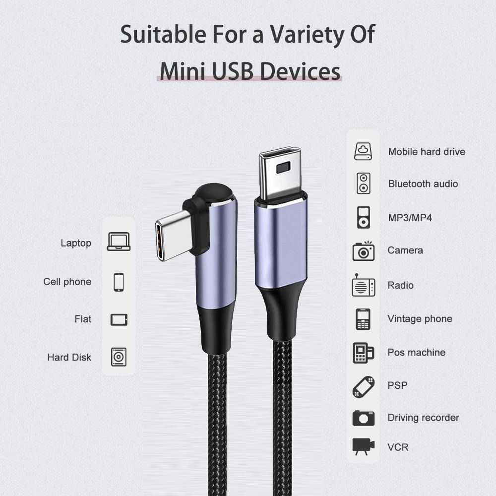 Digital Camera USB-C to Mini 5-Pin Cord Data Sync OTG Line 90 Degree USB Type C To Mini USB Cable