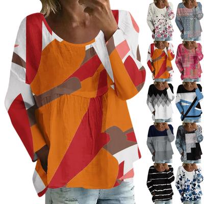 Женский повседневный модный свободный топ с круглым вырезом и цветочным принтом, с длинным рукавом