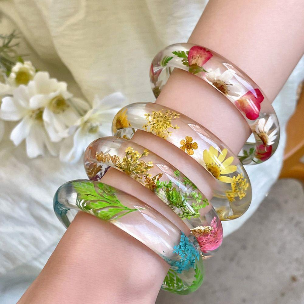 Resin Acrylic Bangle Wide Big Cuff Bangle Temperament Natural Dried Flower Bracelet Decoration