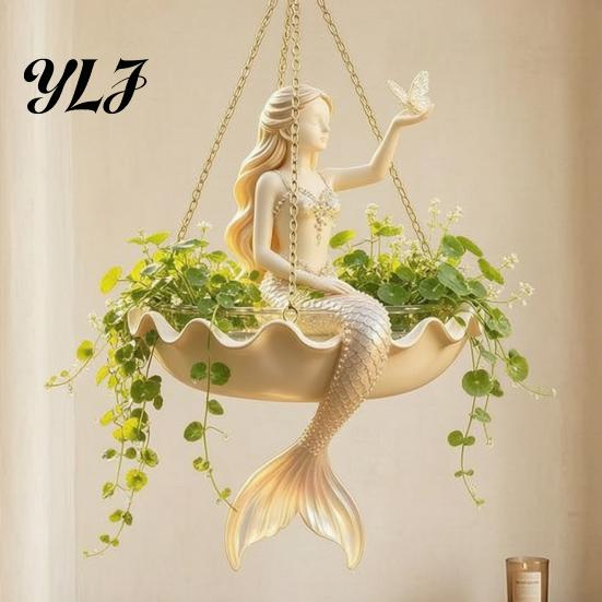 Creative Yard Ornament Fairy Ballet Dancer Mermaid Hanging Planter, Resin Decorative Flower Pot with Metal Chain, Garden Landscaping Accessories