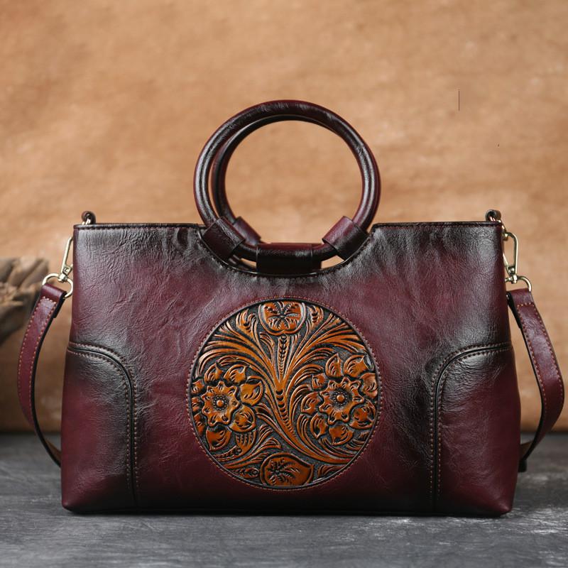 High Quality Leather Women Bag Retro Handmade Embossed Shoulder Bags Large Capacity Female Messenger Bag