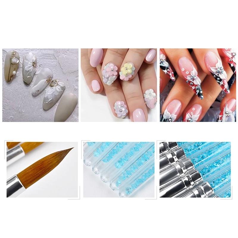 6 шт./компл., нейлоновая кисть для волос, кисть для ногтей, ручка с синими стразами, акриловая кисть Kolinsky, ручка для создания геля для ногтей, инструменты для рисования в точках