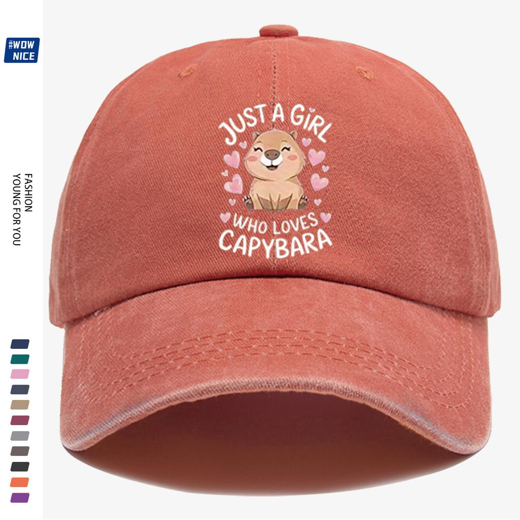 pc Cute Capybara Cartoon Pattern Baseball Cap JUST A WHO LOVES CAPYBARA English Lettering Surrounded by Pink Heart Accents