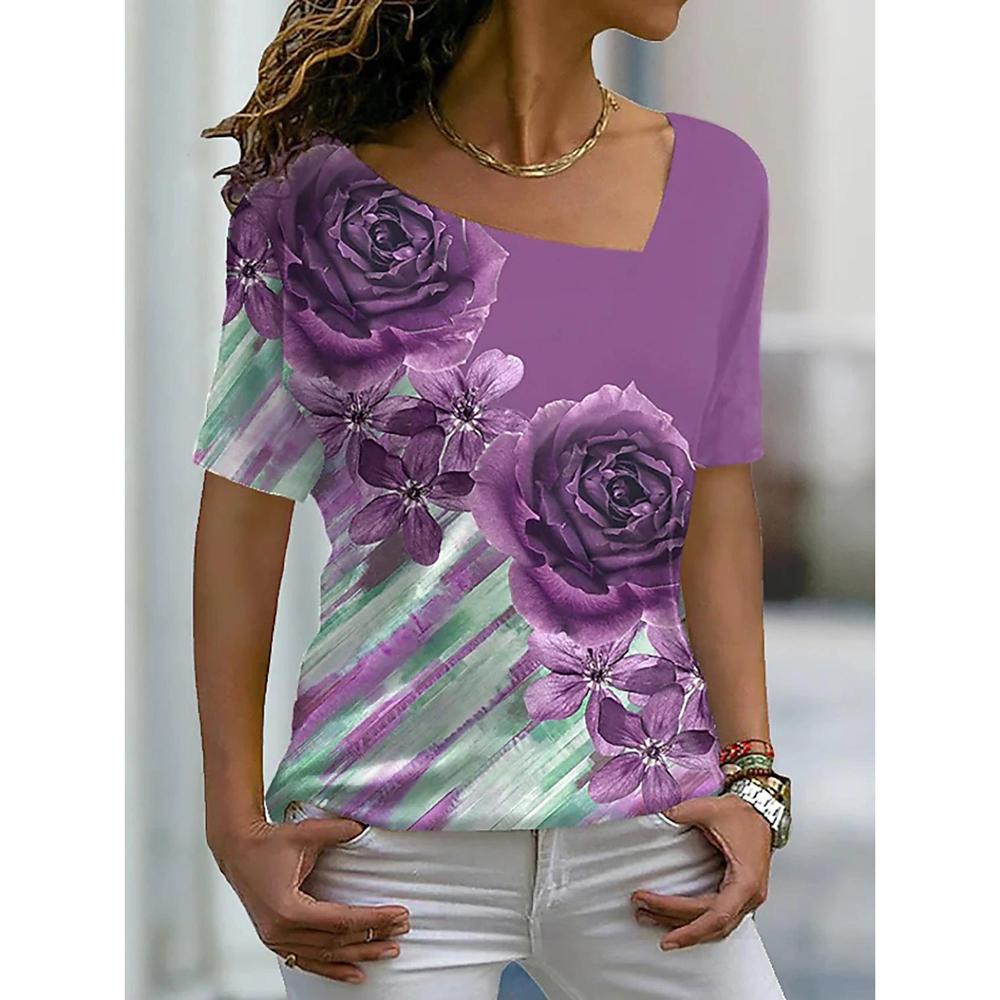 Женские футболки с цветочным принтом Женская одежда Топы с короткими рукавами Толстовки с v-образным вырезом Уличная одежда Футболки большого размера Женская футболка