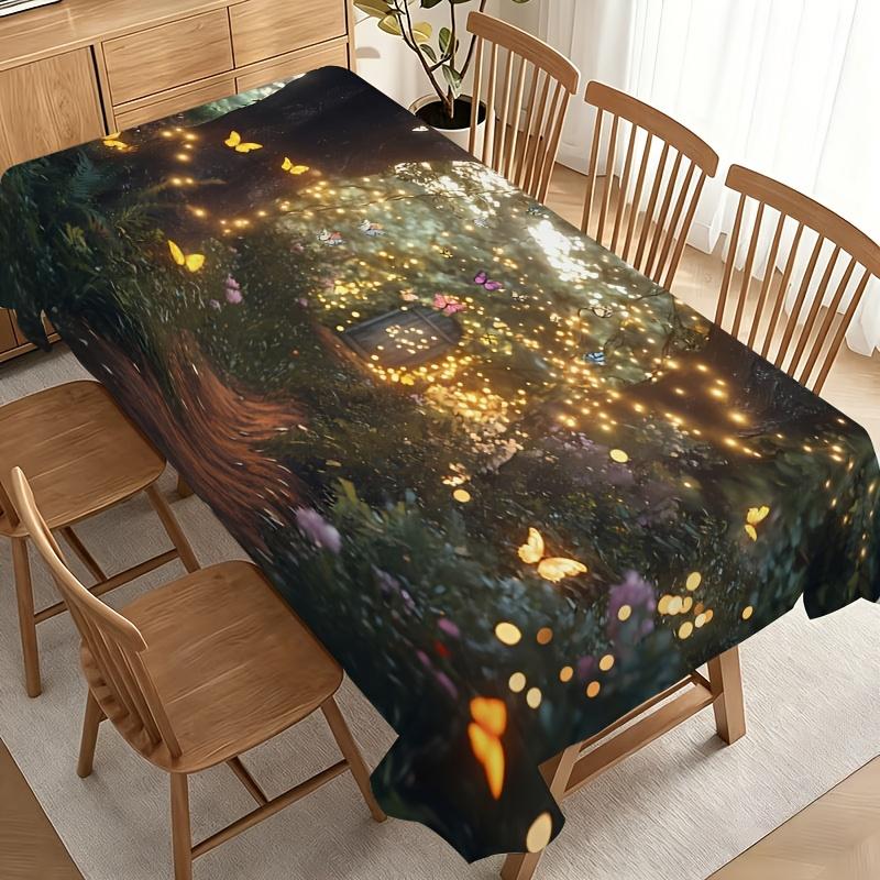 Party Tablecloth/Tablecover Enchanted Forest Butterfly Tablecloth with Golden Fireflies, Multicolored Butterflies And Blooming Flowers, Durable Polyes