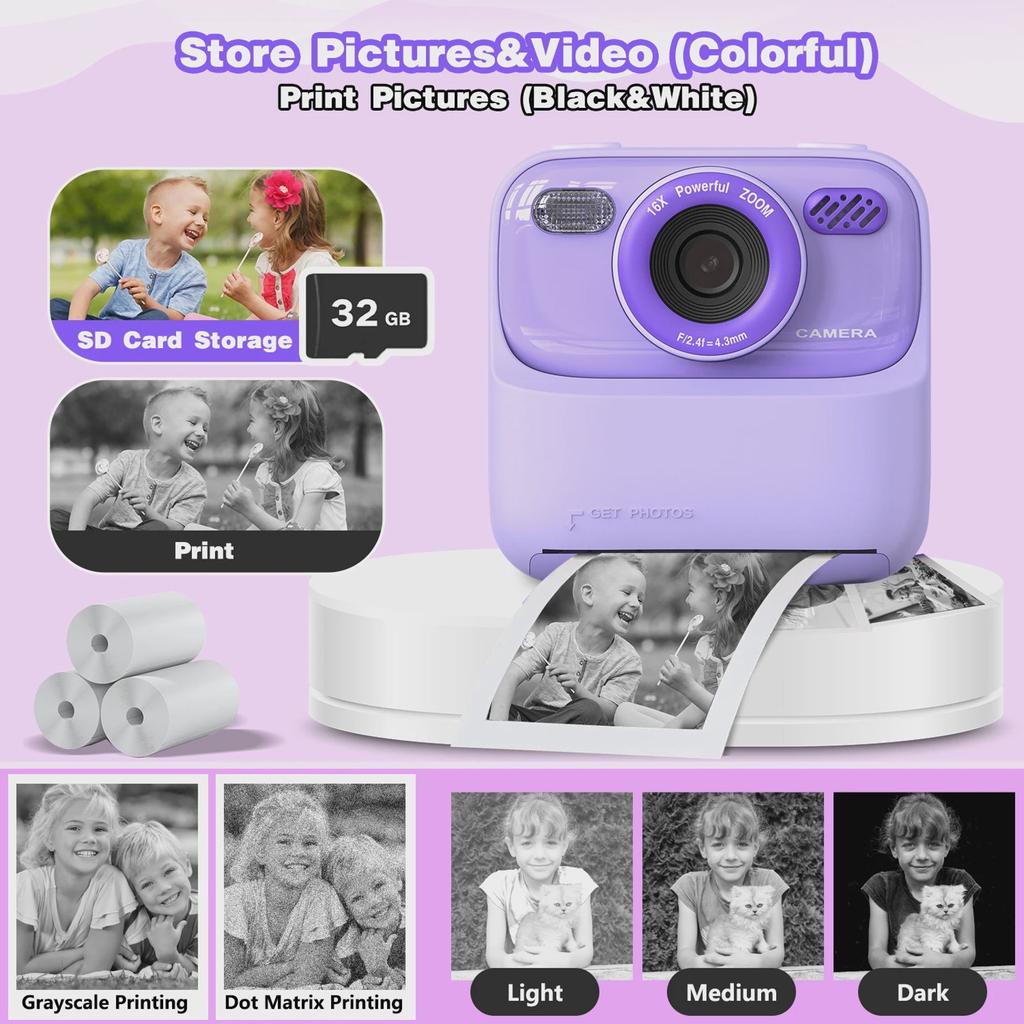 Kids Instant Print Camera 1080p Hd Dual Lens Selfie Camera With Flash 3 Rolls Paper 2.0