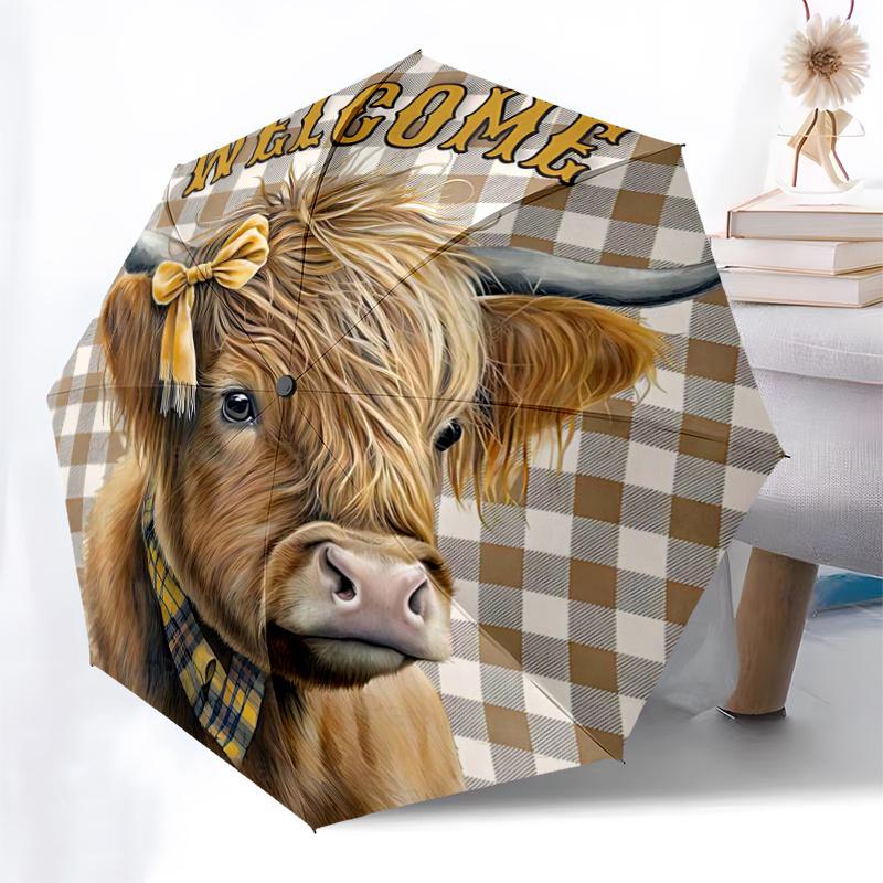 Highland Cow Plaid Checkered Welcome Sign with Bowtie - Auto Open Close Umbrella, Portable Tri-Fold Design, 8-Bone Iron Frame Outdoor Umbrel
