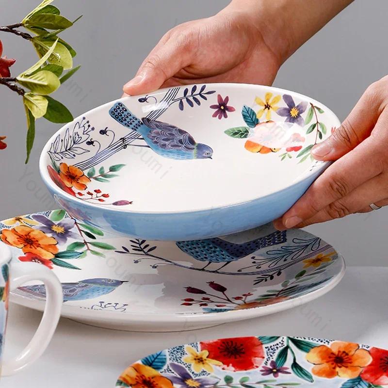 Креативные расписанные вручную керамические тарелки, роскошные ресторанные тарелки для салатов, стейков, домашняя вкусная паста, обеденная тарелка, нежные миски для рамена