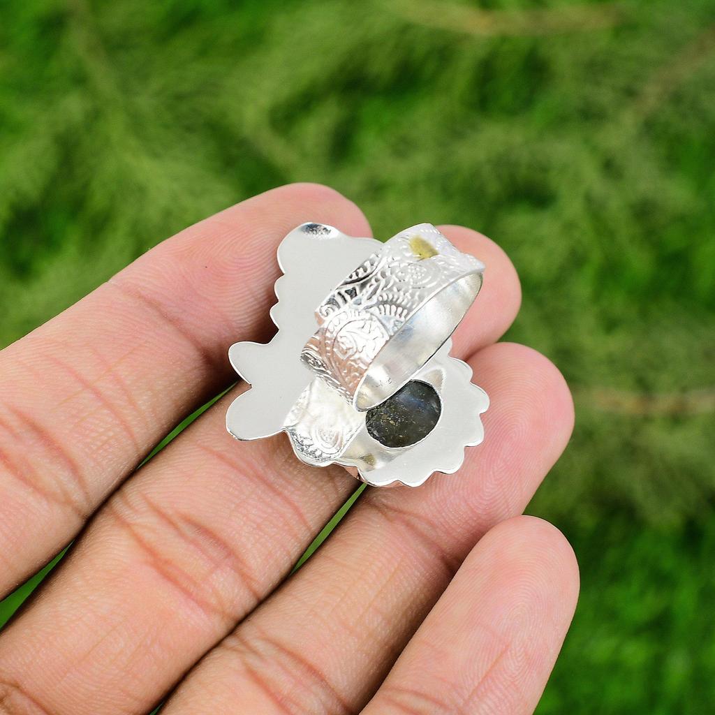 Natural Labradorite Gemstone 925 Silver Multi Stone Adjustable Ring For Girls