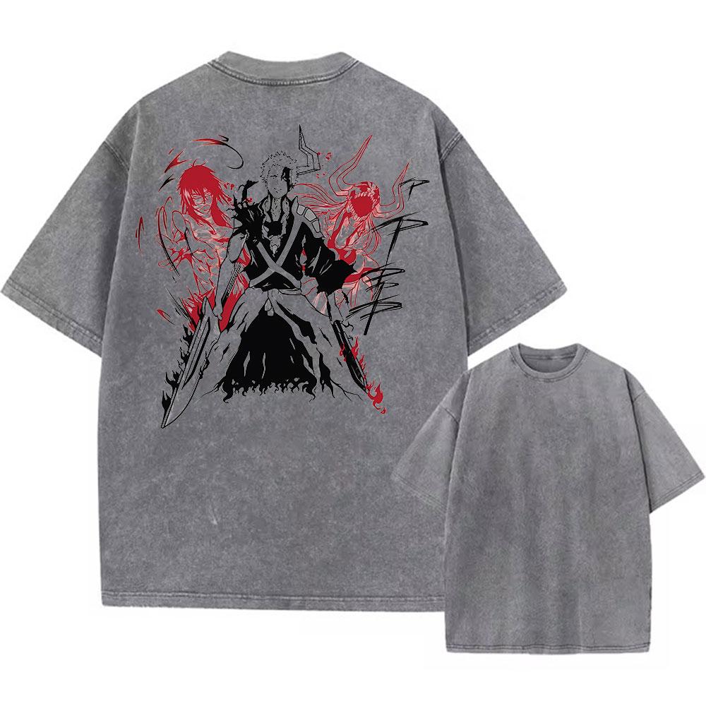 Washed Tshirts YK Summer Unisex Women Anime Bleach Print Tshirt Casual Cotoon Punk Gothic Vintage Hip Hop Top Tee