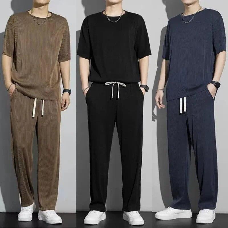 Men's Summer Fashion Loose Large Size Ice Silk Suit Classic Crewneck Casual Solid Color High-quality Two-piece Set