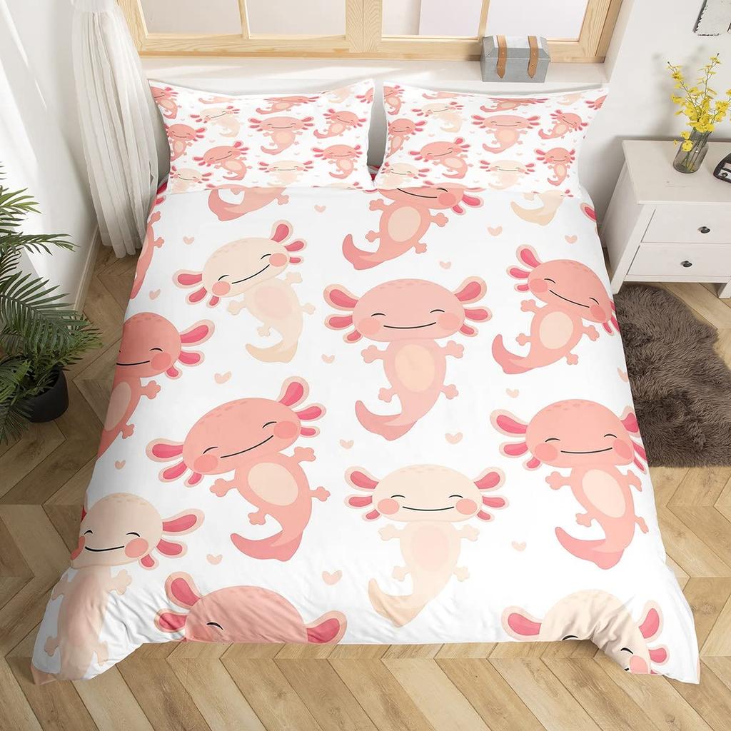 Мультяшный аксолотль Комплект пододеяльника King/Queen Size Детский Для девочек Мальчиков Милый Радужный Морская дикая природа Животное Рептилия Комплект постельного белья