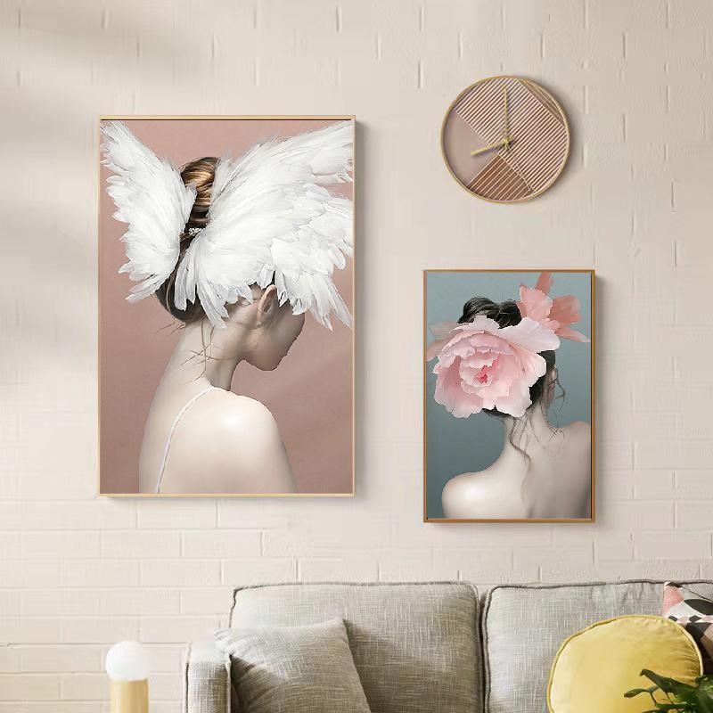 Скандинавские современные девушки, цветок, крылья ангела, головной убор, абстрактные картины для девочек, холст, живопись, настенная живопись, принт, постер, украшение для спальни