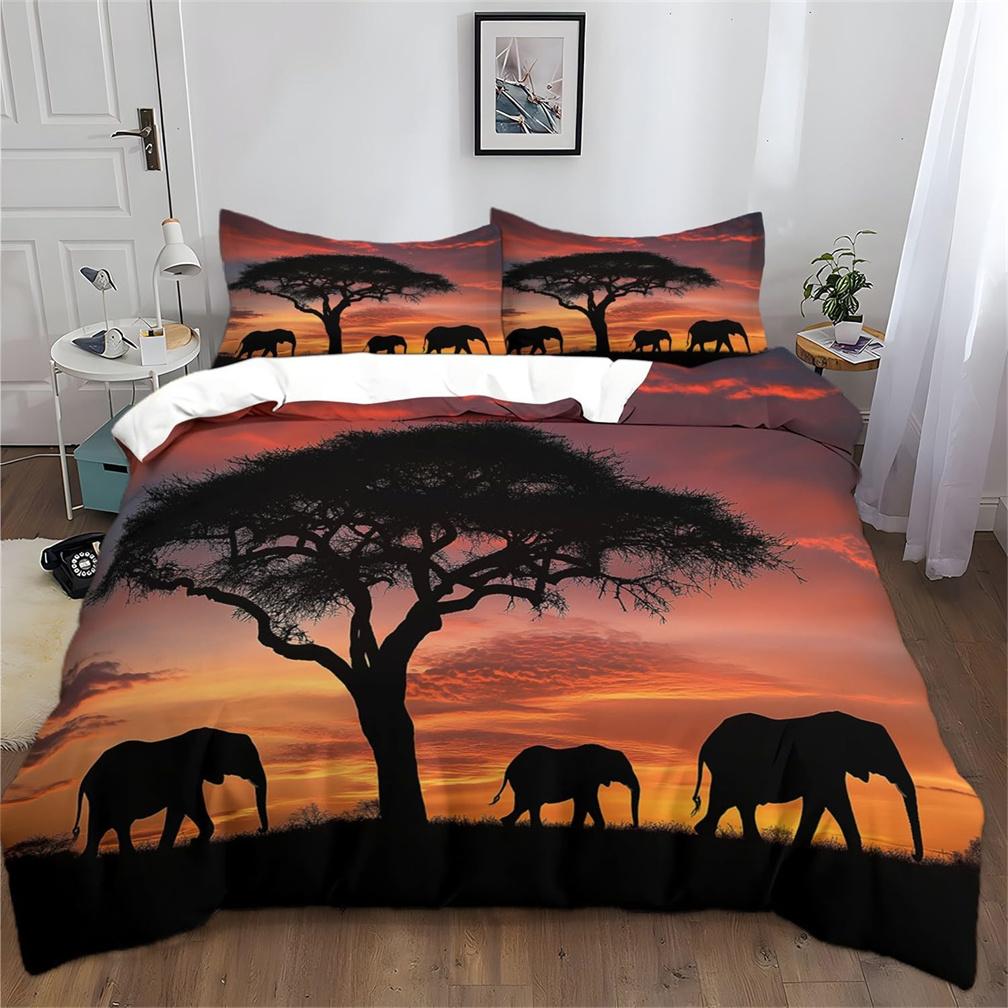 Elephant Quilt Cover Set with Zip, African Elephant Duvet Cover Set with Pillowcases Bedding Set Soft Microfiber Comforter Cover
