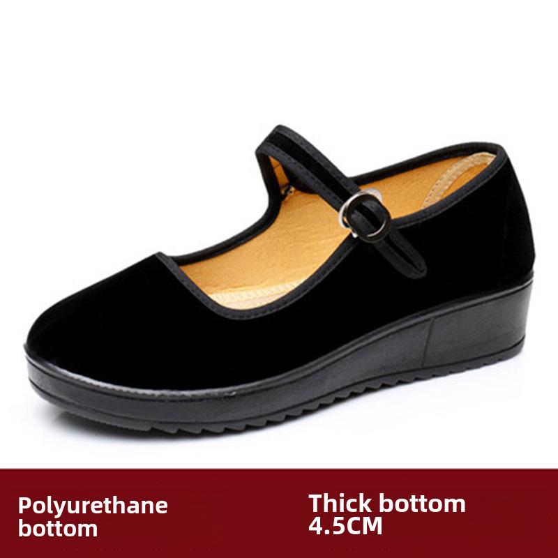 Женские черные матерчатые туфли: Стиль «Старый Пекин», плоская толстая подошва, подходит для людей среднего и пожилого возраста, идеально подходит для гостиничного этикета и танцев.