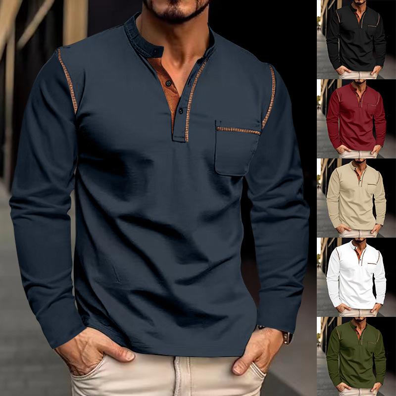 Мужская рубашка поло в европейском и американском стиле на весну и осень, свитшот с воротником-стойкой на пуговицах, длинным рукавом и карманом