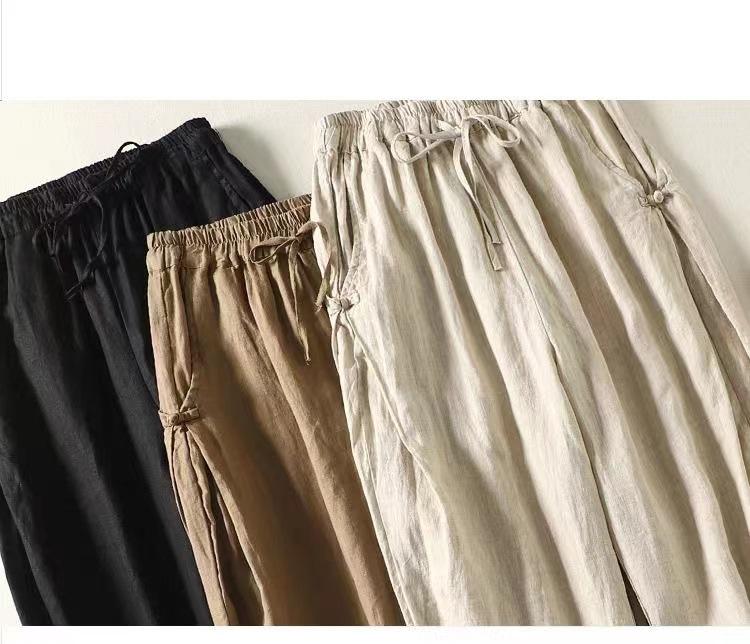 Хлопковые брюки гаремы с высокой талией и ретро застежкой-лягушкой - Легкие, эластичные, с завязкой на талии, свободного кроя для весны/лета