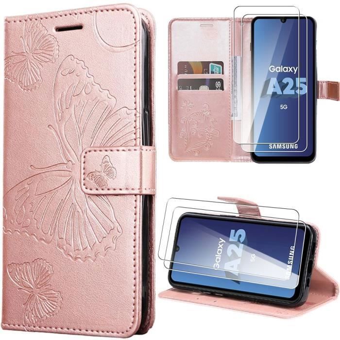 Защитный чехол - Booling - для Samsung Galaxy A25 5G - Розовый - Узор бабочка - 2 Закаленных стекла