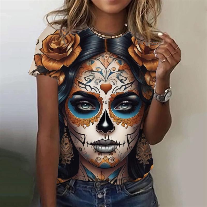Summer Round Neck 3D Skull Printed Top Fashionable Casual Short Sleeved Women's T-shirts