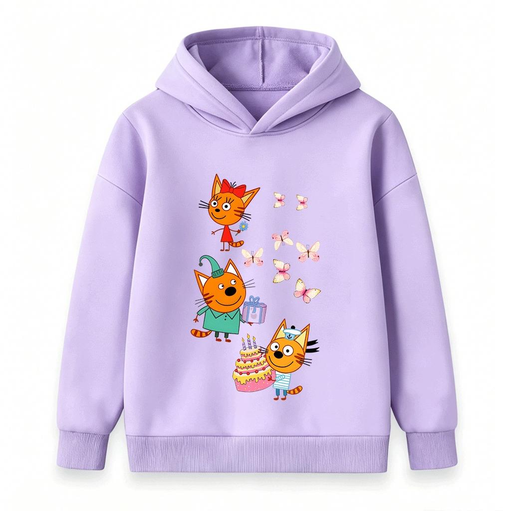 Kids Boys Girls Hoodie Cartoon Orange Cats Butterflies Print Pullover Hooded Sweatshirt Casual Birthday Party Streetwear Soft Warm Children
