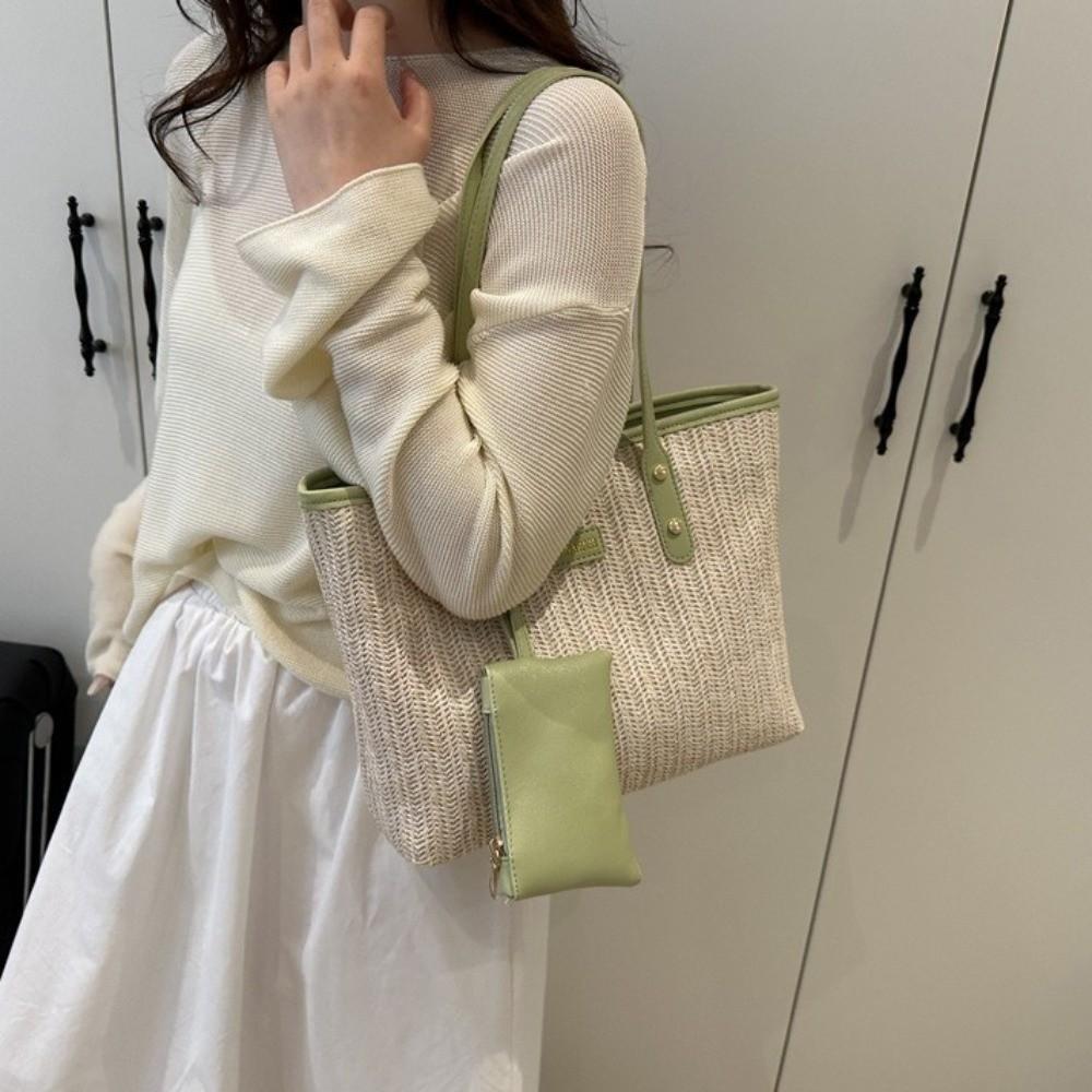PU Weave Tote Bag Solid Color Beach Straw Handbag Simple Straw Shoulder Bag Women