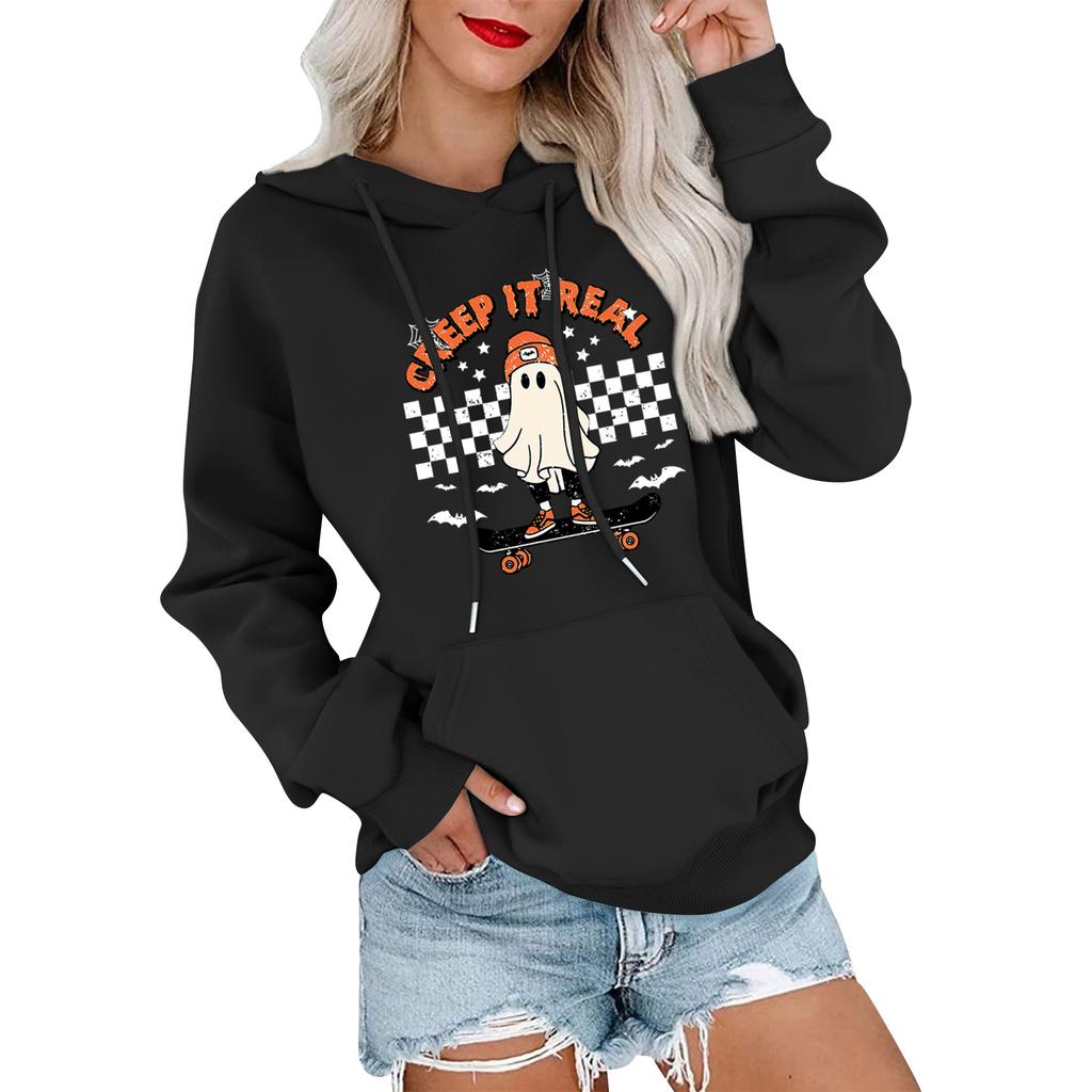 Women's Fashionable, Casual, Comfortable Round-neck, Hooded, Long-sleeved, Halloween-print Warm Sweater