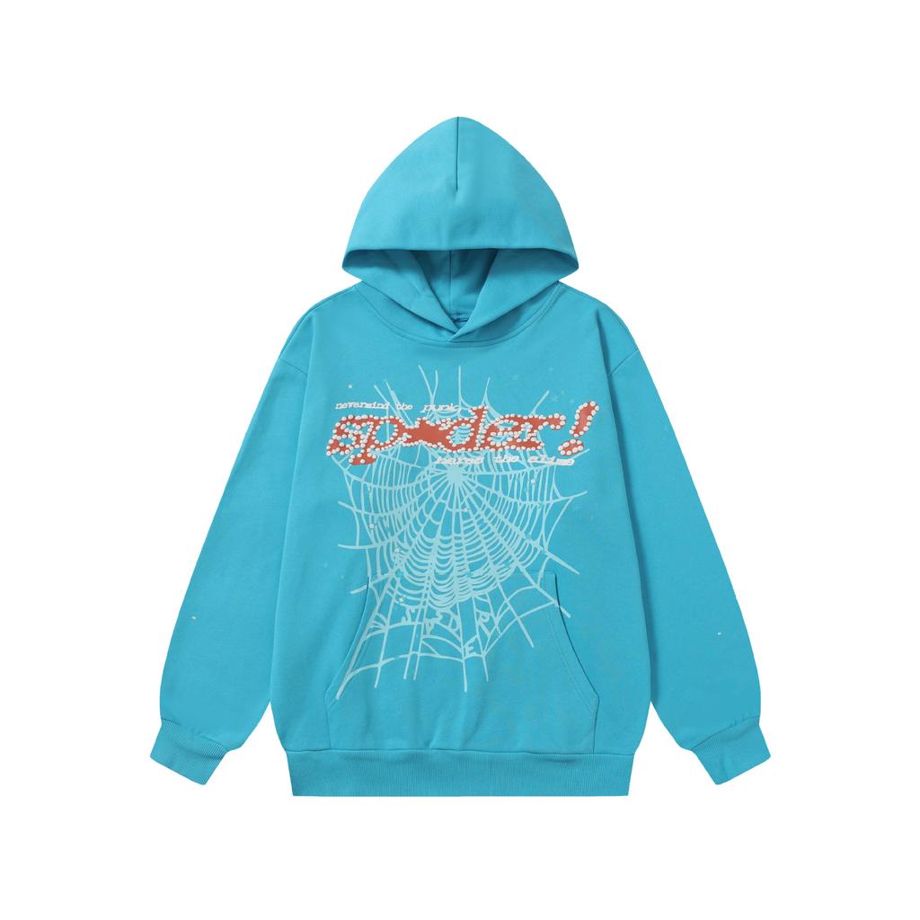 A high-quality SP5DER spider web foam printed hoodie, European and American large-size loose sweater.
