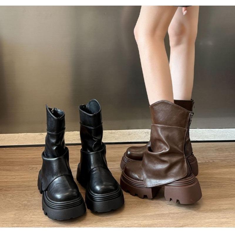 Women Fashion Mid Calf Thick Boots Splicing Pleated Designer Winter 2025 Trend Vintage Women Shoes Leather Punk Modern Boots