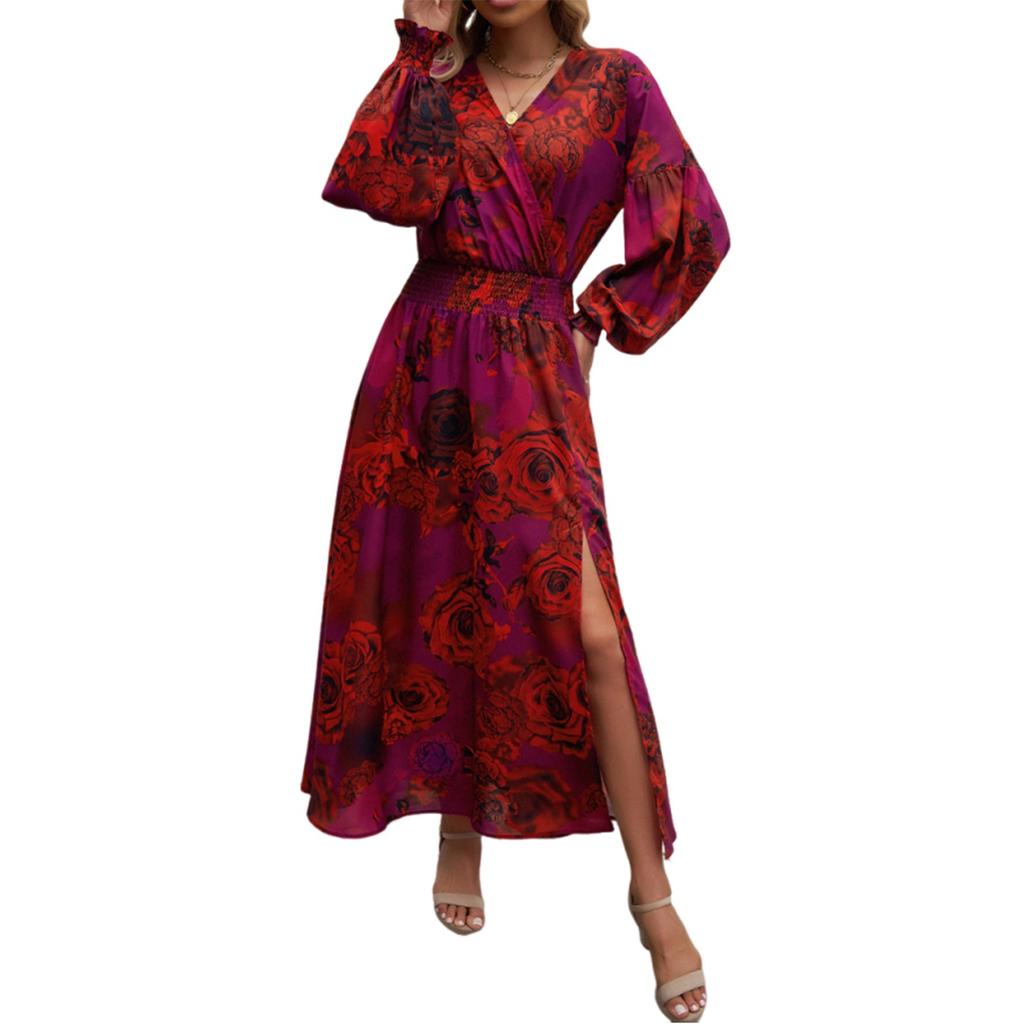 Женское платье повседневное с V-образным вырезом и высокой талией, с винтажным цветочным принтом и длинными рукавами
