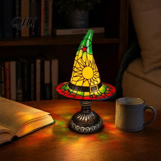 Halloween Desk Decor Stained Glass Witch Hat Lamp, Table Lamp with Inline Switch, USB Powered Small Bookshelf Accent Light Style for Bedroom