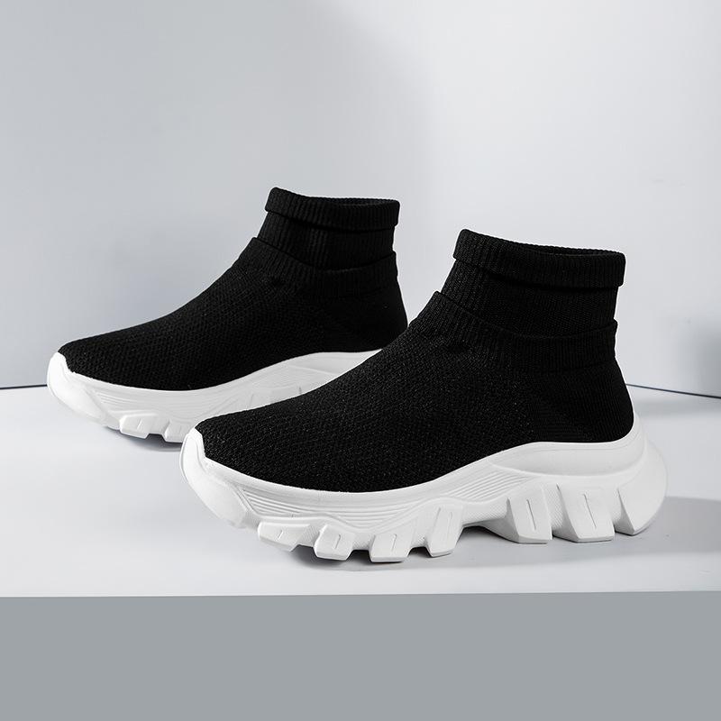 Autumn and Winter New Platform Socks Shoes Fly-woven Sports Short Boots Women's Boots Large Size One-pedal Socks Shoes Solid Color Casual Shoes