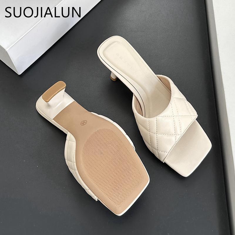 Fashion SUOJIALUN 2025 Summer New Women Slipper Fashion Square Toe Slip On Ladies Elegant Sandal Square High Heel Dress Slides Shoes