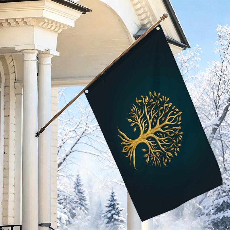 2D Flat - 2D Flat - 1pc 2D Flat, Decorative Flag, Golden Tree of Life Art Pattern Flag, Deep Ink Green Background Exquisite Hanging Banner, Easy Moder