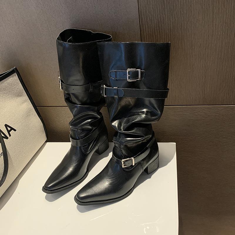 Западные ковбойские ботинки на толстом каблуке, женские осенние модели 2025, новые модели, ботфорты женские с большим обхватом голенища, женские ботинки