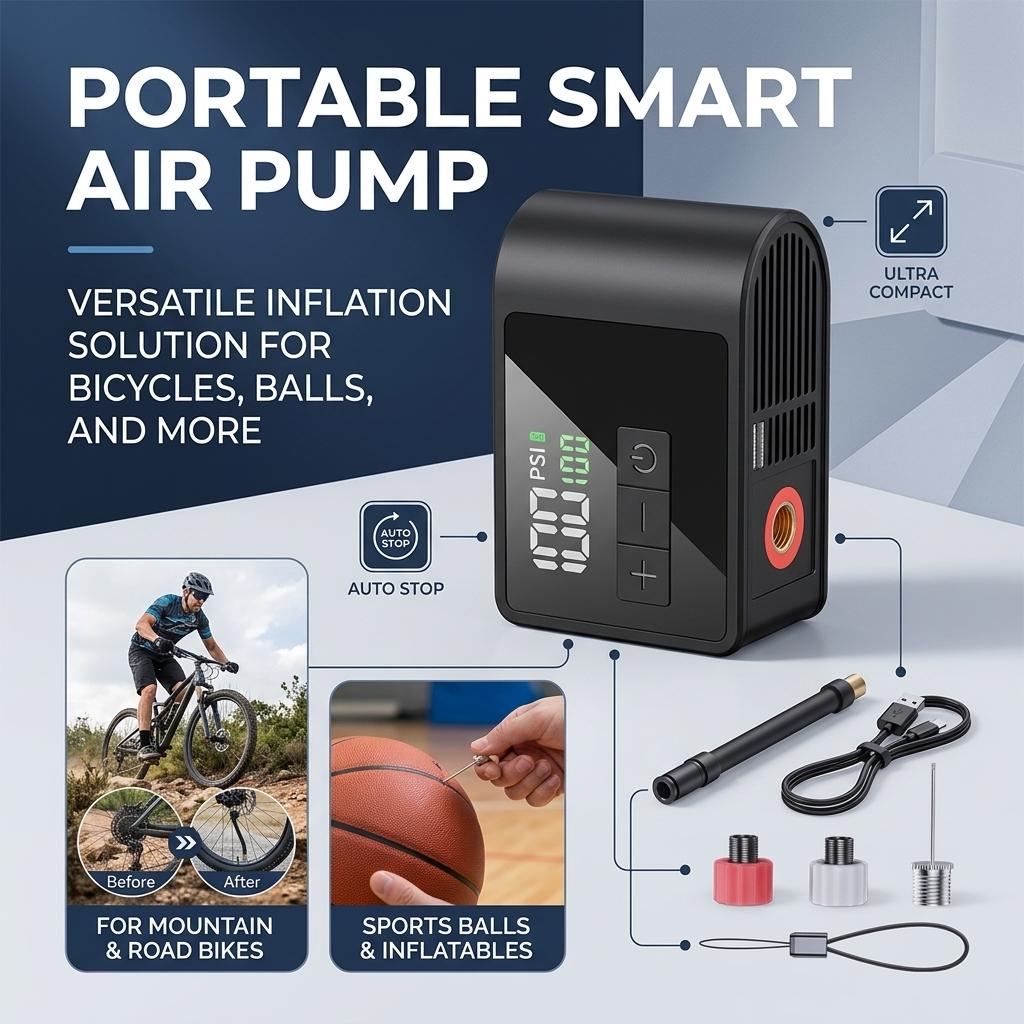 Portable Electric Air Pump Mini Smart Inflator for Mountain Road Bikes with AI Pressure Control ABS Material